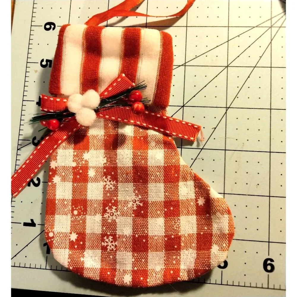 Red White Gingham Christmas Stocking Gift Bag Ornament Ribbon Berry Snowflake
